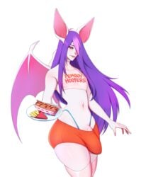 1boy 2020 absurd_res ahoge anthro bat big_bulge big_ears big_penis bulge chiropteran clothing crop_top femboy_hooters food fries fur g-string genitals girly helmed_(character) hi_res highlights_(coloring) hot_dog huge_cock hung_trap leggings legwear long_hair male male_only mammal navel penis pink_highlights platter ryusekikuri seductive shirt solo spats stockings thick_thighs topwear trap underwear uniform waiter white_body white_fur wide_hips wings