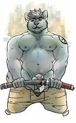 akio animal_genitalia balls beard black_penis blue_eyes canid canine canis facial_hair fangs genitals hairy hi_res katana male male_only mammal manly melee_weapon navel nipples nude open_mouth pecs penis requiembeatz sheath sword tattoo teasing uncut warrior weapon wolf