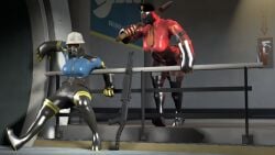 boots female fempyro gas_mask gloves goggles gun hard_hat latex latex_clothing latex_suit leaning_forward mask sfm slipping struggling team_fortress_2 thigh_high_boots