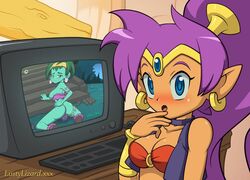 2girls computer_screen cowgirl_position female female_only looking_at_viewer lustylizard multiple_girls rottytops shantae shantae_(character) smooth_skin surprised watching watching_porn wayforward zombie_girl