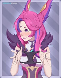 2019 blush embarrassed enf female holding_panties league_of_legends lipstick looking_away magical_girl makeup multicolored_hair panties presenting presenting_panties purple_eyes purple_hair riot_games setrakian star_guardian_series star_guardian_xayah underwear vastaya xayah