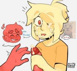 2boys androgynous blowjob blush cum cum_on_face cumshot face_closeup flustered gay_blowjob hotpotatoss jerking jerkingoff linn morajo moralinn mundo_torajo red_body red_cock red_skin skinny toony yellow_body yellow_skin