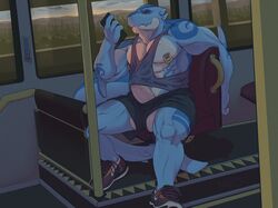 abs anthro balls biceps big_balls big_penis boner bottomwear bulge bus cirrus_(xp) clothing commercial_vehicle erection fish genitals hi_res male male_only marine muscular muscular_male nimbuswhitetail_(artist) nipples pecs penis phone piercing public_transportation shark shirt shorts sitting sneakers solo tank_top topwear vehicle vehicle_for_hire vein veiny_penis