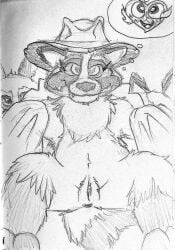 2025 4chan_anon absurd_res anonymous_artist chest_tuft claws clitoris clothing coat cute_fangs electronic_arts eyelashes facial_markings fangs fedora female feral fur genitals group hat head_markings headgear headwear hi_res looking_at_viewer lying mammal markings mask_(marking) maxis_(ea) paws presenting presenting_pussy procyonid pussy quadruped raccoon smile solo_focus spread_legs spreading striped_markings striped_tail stripes tail tail_markings teeth the_sims thought_bubble topwear traditional_media_(artwork) trashley_reelpearson trio tuft