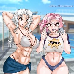 2girls angry_expression big_ass big_breasts bra breasts brown_eyes cellphone female female_only gray_hair hands_behind_head light-skinned_female light_skin long_hair looking_at_viewer loose_hair muscular muscular_female oc original_character original_characters pink_hair purple_lipstick red_eyes scar shin_muchakoopa shirt short_hair skinny skinny_girl smile swimming_pool swimsuit thick_thighs