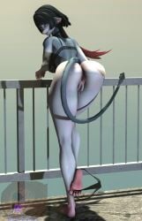 anus bearbones blue_eyes blush bodily_fluids body_blush clothed clothing clothing_around_one_leg curved_tail female genital_fluids genitals happy hi_res jane_doe_(zenless_zone_zero) leaking_pussy panties panties_around_one_leg panties_down partially_clothed pussy pussy_blush solo tail underwear underwear_around_one_leg underwear_down vaginal_fluids