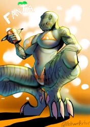 absurd_res anthro beltimerperbus beverage_can big_breasts bikini breasts clothing crouching dinosaur fang_(primal) female hi_res low-angle_view muscular muscular_anthro muscular_female navel non-mammal_breasts non-mammal_navel prehistoric_species primal_(series) reptile saurischian scalie signature solo swimwear theropod thick_thighs two-piece_swimsuit tyrannosaurid tyrannosauroid tyrannosaurus tyrannosaurus_rex under_boob voluptuous_female wide_hips
