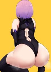 1girls arched_back ass back_cutout bare_shoulders black_gloves black_legwear black_leotard breasts elbow_gloves erimiko facing_away fate/grand_order fate_(series) female from_behind gloves high_resolution highleg highleg_leotard huge_ass lavender_hair leotard mash_kyrielight short_hair simple_background solo squatting sweat thighhighs thighs yellow_background