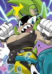 1boy 1girls big_breasts breasts convenient_censoring electricity female furry green_fur green_hair kitsunami_the_fennec looking_at_viewer male pircing sega sonic_(series) sonic_the_hedgehog_(series) surge_the_tenrec