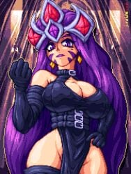 1girls alter_ego big_breasts birthmark cleavage dominatrix dominatrix_outfit empress empress_(magical_drop) face_mole female fully_clothed goth goth_girl hairpiece holding_weapon jotaroraido leather_dress leather_gloves leather_thigh_highs magical_drop mythology no_panties pixel_art purple_eyes purple_hair tagme tarot thighhighs thighs