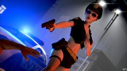 3d areolae azubinode big_breasts bioshock bioshock_infinite black_hair breasts busty crop_top dark-skinned_male dark_skin elizabeth_comstock female female_focus hourglass_figure nipples police police_uniform short_hair tagme wide_hips