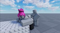1boy1girl 3d ass_grab big_breats black_socks breasts_out cum_on_body female gray_skinned_female gray_skinned_male grey_skin male pink_hair roblox roblox_studio robloxian self_upload table_sex