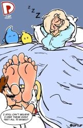 bed bedroom closed_eyes comic dialogue dp1up feet foot_fetish happy mario_(series) meaty_soles princess_rosalina sleeping soles sucking tired toes unaware worship