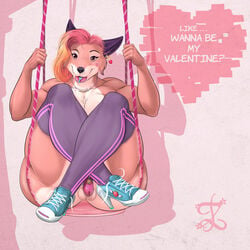 1:1 2020 balls blonde_hair brown_eyes brown_hair canid canine chastity_cage chastity_device clothing dialogue ear_piercing english_text footwear fox fur genitals girly hair heart hi_res high_heels holidays jewelry key legwear lipstick lock makeup male mammal multicolored_body multicolored_fur multicolored_hair necklace piercing pink_hair pink_lipstick purple_ears shoes socks solo stockings swing testicles text two_tone_body two_tone_fur two_tone_hair valentine's_day white_body white_fur zorro_re zorro_re_(character)