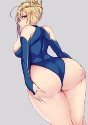 1girls aqua_eyes artoria_pendragon artoria_pendragon_(lancer) ass bangs blonde_hair blue_gloves blue_legwear blue_leotard blush breasts closed_mouth crown dat_ass elbow_gloves embarrassed erimiko eyebrows_visible_through_hair fate/grand_order fate_(series) female gloves hair_between_eyes hands_clasped hands_on_own_ass large_ass large_breasts leotard long_hair looking_at_viewer looking_back solo teeth upper_teeth