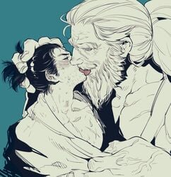 2boys age_difference beard father_and_son fromsoftware gay great_shinobi_owl head_grab kissing larger_male male male/male male_only old_man older_male older_man_and_younger_boy questionable_consent sekiro sekiro:_shadows_die_twice size_difference smaller_male sweat taro007 tongue tongue_kiss tongue_out yaoi