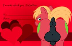 2017 anus ass backsack badumsquish balls big_macintosh_(mlp) blush bodily_fluids cutie_mark dock english_text equid equine feral friendship_is_magic genital_fluids genitals green_eyes hair hi_res holidays horse looking_at_viewer looking_back male male_only mammal my_little_pony penis pony precum raised_tail rear_view solo text valentine's_day valentines_day_card