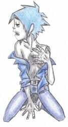 1boy 2010 2d_(gorillaz) deviantart gorillaz hairy_chest jeans sexy_pose shirt_partially_removed sovlful_art spellboundenigma suggestive traditional_media_(artwork)