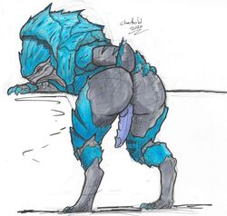 absurd_res alien ass big_butt charbold erection genitals hi_res krogan looking_at_viewer male male_only mass_effect nude penis presenting simple_background solo video_games