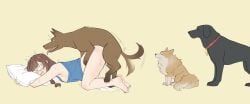 1girls 3dogs beastiality canine dog doggy_style drooling face_down_ass_up female feral_on_female feral_on_human glasses holding_pillow lewdismug male male/female pool_of_cum tagme tagme_(character) tail_wagging twin_braids zoophilia