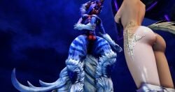 3d animal_penis au_ra auri_lover black_cat captured cat_girl cum cum_drip eutrope final_fantasy_xiv furry futanari held_up horse_girl horsecock miqo'te wet wicked_thunder yaana