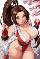 1girls ai_generated arched_back arching_back bangs bare_hips bare_shoulders blush brown_eyes brown_hair busty cherry_blossoms clavicle cleavage collarbone comfyui cowboy_shot curvaceous curvy curvy_female curvy_figure enzio_bodoni eyeshadow fatal_fury fighting_stance fingerless_gloves fingernails fist gloves hair_pulled_back hair_tie half-closed_eyes high_ponytail japanese japanese_clothes kimono king_of_fighters kunoichi large_breasts light-skinned_female light_skin lips long_eyelashes long_hair long_ponytail looking_at_viewer looking_up_at_viewer mai_shiranui makeup motoyui ninja ninja_girl no_bra no_panties obi outdoors parted_bangs pelvic_curtain perky_breasts pink_lips ponytail red_gloves red_kimono revealing_clothes rope round_breasts sash seducing seducing_viewer seductive seductive_look seductive_smile self_upload shimenawa shiny_skin shoulders smile snk solo stone_floor straight_hair tassel topknot uwagi white_background