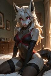 1girls ai_generated anthro_female canid dog_girl female gray_hair hyena_girl mightyena monacookes original_character pink_eyes pokemon pokemon_(species) red_sclera scorpianpp self_upload stable_diffusion