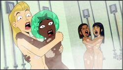 4girls becca_(velma) breasts casual closed_eyes dark-skinned_female dark_skin female female_only gigi_(velma) holding_each_other human light-skinned_female locker_room lola_(velma) long_hair multiple_girls naked naked_female navel nude nude_female official_art olive_(velma) pale_skin public scared scooby-doo screaming screencap screenshot short_hair shover shower shower_cap shower_room showering soap_censor tan-skinned_female velma_(series)