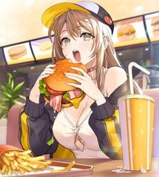 bacon baseball_cap blonde_hair burger cheese cheese_burger choker clothed drink ear_piercing fries lettuce long_hair meat open_mouth restaurant sesame_seed_bun soda solo solo_female tank_top teffish tomato track_jacket white_skin yellow_eyes