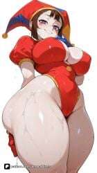 1girl ai_generated artist_name blue_eyes blush breasts brown_hair cameltoe cleavage covered_navel covered_nipples digital_circus fortnite from_below glitch_productions gloves hat heart heart-shaped_pupils highleg highleg_leotard jester_cap large_breasts leotard looking_at_viewer pomni pomni_(the_amazing_digital_circus) puffy_short_sleeves puffy_sleeves questionable red_gloves red_headwear red_leotard senpai_pixels short_hair short_sleeves simple_background smile solo standing symbol-shaped_pupils the_amazing_digital_circus thick_thighs thighs wet white_background