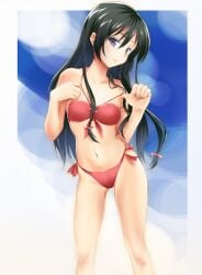 10s 1girls anti_(untea9) bandeau bikini black_hair boku_wa_tomodachi_ga_sukunai contrapposto female_focus front-tie_top hair_ribbon halterneck long_hair mikazuki_yozora navel purple_eyes red_bikini ribbon side-tie_bikini_bottom solo standing strap_pull swimsuit