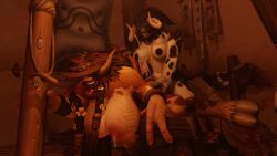 16:9 4k absurd_res ambiguous_gender animal_genitalia animal_penis anthro big_breasts blizzard_entertainment bodily_fluids bovid bovine breasts cumshot_after_pull_out equine_genitalia equine_penis female genitals hi_res huge_breasts intersex intersex/female lactating mammal penis tail tail_pull tauren tongue tongue_out warcraft wicust widescreen