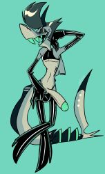 1boy anthro boots chaz_(helluva_boss) hair half-closed_eyes helluva_boss latex looking_at_viewer male open_mouth penis shark sheiksdweirdo solo solo_male standing