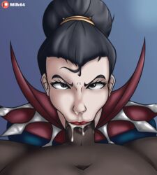 black_hair brown_eyes cum cum_in_mouth cum_inside dark-skinned_male dark_skin deepthroat fellatio female interracial league_of_legends male milk64 oral oral_sex sex vayne