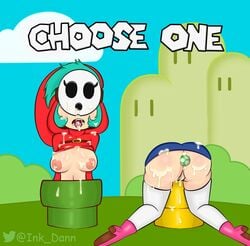 2girls ass ass_up breasts clothing cum english_text female female_only green_hair ink_dann mario_(series) mask multiple_girls nintendo nipples nude open_mouth outdoors pussy shy_gal sky super_mario_bros. take_your_pick text thighhighs tongue tongue_out twins