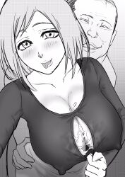 big_breasts black_and_white bleach blush breasts cheating cheating_wife cum cum_on_breasts female implied_paizuri inoue_orihime iwao178 married_woman milf mother netorare nipples ntr old_man older_male tongue tongue_out ugly_man