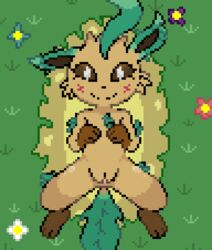 1girls 2020 3_toes alternate_color anthro anthrofied blush brown_eyes brown_fur brown_sclera canine digital_media_(artwork) eeveelution feet female feral flat_chest flower furry gloves_(marking) grass green_fur hybrid imactuallygarbage leaf leaf_ears leaf_tail leafeon leg_markings long_ears looking_at_viewer lying markings nintendo nude on_back original_character outdoors outside pixel_art plant pokemon pokemon_(species) pokemon_dppt presenting presenting_pussy pussy simple_background smile socks_(marking) solo source_request spreading tail toes video_games white_eyes yellow_fur