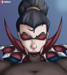 black_hair dark-skinned_male dark_skin deepthroat fellatio female glasses interracial league_of_legends male milk64 oral oral_sex red-tinted_eyewear sex sunglasses tinted_eyewear vayne