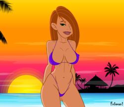 1girls aged_up artist_name bare_shoulders beach big_breasts bikini bikini_bottom bikini_top busty curvy detailed_background disney erect_nipple erect_nipples eyeliner female female_only fnbman front_view green_eyes hair_over_one_eye hourglass_figure human kim_possible kimberly_ann_possible long_hair looking_at_viewer nipple_bulge ocean older orange_hair outdoor outside pose posing shadow shiny shiny_skin solo standing swimsuit text thong voluptuous wide_hips