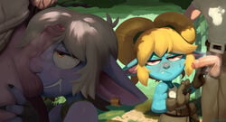 2boys 2girls absurdres blonde_hair blue_body blue_skin blush bodily_fluids cock_worship ear_piercing ear_ring fangs female foreskin forest genitals group group_sex half-closed_eyes highres human human_on_humanoid humanoid imminent_fellatio imminent_oral interspecies larger_male league_of_legends lilmoonie long_ears male male_human/female_humanoid mammal mostly_clothed musk outdoors penis piercing poppy riot_games shadow size_difference smaller_female sweat tree tristana uncircumcised uncut yordle