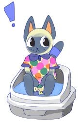 2025 4chan_anon :< animal_crossing anonymous_artist anthro big_eyes biped blue_body blue_ears blue_face blue_fur blush blush_lines chibi clothing collared_shirt colorpoint crouching digital_media_(artwork) domestic_cat exclamation_point facial_markings featureless_feet featureless_hands feet felid feline felis female fur genitals gloves_(marking) head_markings hi_res leg_markings litter_box looking_aside mammal markings mitzi_(animal_crossing) nintendo peeing polka_dots pussy raised_tail sand shirt shocked simple_background socks_(marking) solo striped_markings striped_tail stripes tail tail_markings topwear white_background white_body white_fur