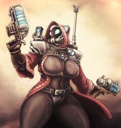1girls adeptus_mechanicus armor big_breasts black_bodysuit blue_eyes breasts cat_ears dual_wielding felinid female gas_mask gun helmet holding_gun hood hyper_thighs large_breasts pauldrons science_fiction solo sweat t2333_(little_sun) thick_thighs trenchcoat warhammer_(franchise) warhammer_40k