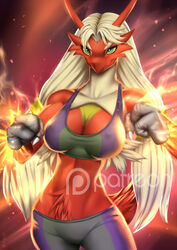 1girls 2015 abs alanscampos annoying_watermark anthro beak blaziken clothed clothing eye_contact eyelashes female fire front_view gym_uniform hair patreon pokemon pokemon_(species) pokemorph smile solo watermark wide_hips