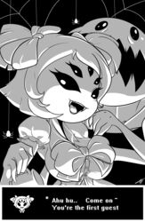 5_eyes 6_arms big_breasts black_and_white black_background bow bows bowtie breasts clothed coffee_mug cute cute_fang cute_fangs dialogue kyodashiro monster monster_girl muffet no_color open_mouth pigtails signature smile spider spider_girl spider_web tease teasing text text_box undertale