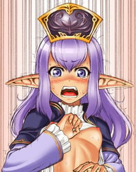 blush embarrassed eyebrows_visible_through_hair female final_fantasy final_fantasy_xi long_hair miyagi_yasutomo nipples open_mouth pointy_ears prishe purple_eyes purple_hair shirt_lift small_breasts solo sweat tears