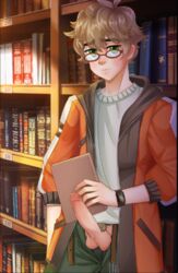 1boy blush_blush book bookshelf cashew_(blush_blush) clothed exhibitionism library male male_only penis_out sad_panda_studios twink