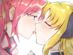 2girls blonde_hair blue_eyes blush bow braid closed_eyes clothing colored_eyelashes eyebrows eyebrows_visible_through_hair fate_testarossa female female_only gloves hair_ornament hair_ribbon hairbow half-closed_eyes head_only human kissing looking_at_another lyrical_nanoha mahou_shoujo_lyrical_nanoha mahou_shoujo_lyrical_nanoha_a's multiple_girls pink_hair ribbon saliva saliva_trail signum sweat tongue tongue_out yuri