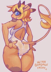 2019 3_fingers alice_(moomaid) anthro ass blonde_hair blue_eyes blush bovid bovine breasts brown_body brown_fur cameltoe cattle clothing eyelashes female fingers fur hair hi_res looking_back mammal open_mouth rear_view simple_background smile solo tight_clothing ultrabondagefairy