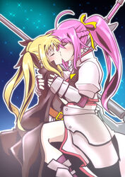 2girls bardiche belt blonde_hair blush boots bow braid cape closed_eyes colored_eyebrows couple eyebrows_visible_through_hair fate_testarossa fingerless_gloves gauntlets gloves hair_ornament hair_ribbon hairbow hand_on_another's_chest hand_on_another's_shoulder hug kissing levantine long_hair lyrical_nanoha magical_girl mahou_shoujo_lyrical_nanoha mahou_shoujo_lyrical_nanoha_a's multiple_girls night pink_hair ponytail ribbon shiny shiny_hair signum starry_sky twintails weapon yuri