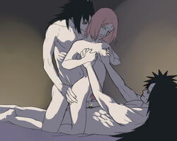 1girls 2boys breasts brothers double_penetration haruno_sakura naruto penetration sakura_haruno sandwiched sex size_difference small_breasts threesome uchiha_izuna uchiha_madara